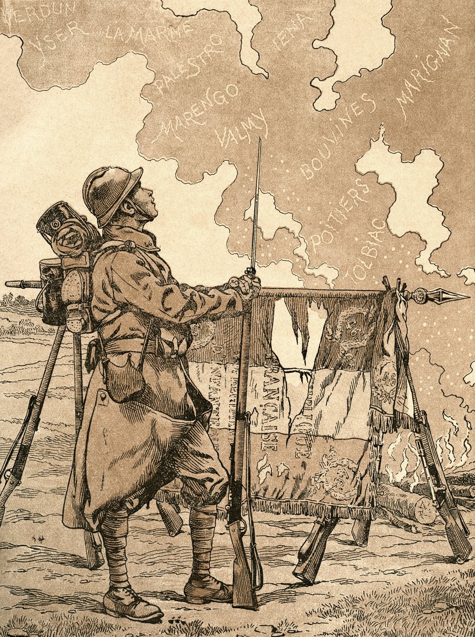 Le Bluet. Birinci Dünya Savaşı gazileri ve kurbanları için Fransa'da hatıra ve dayanışma sembolü. 1. Dünya Savaşı Fransız propaganda illüstrasyonu, çağlar boyunca Fransız zaferlerini çağrıştırıyor. Agenda Buvard du Bon Marche'tan 1917'de yayınl by French School