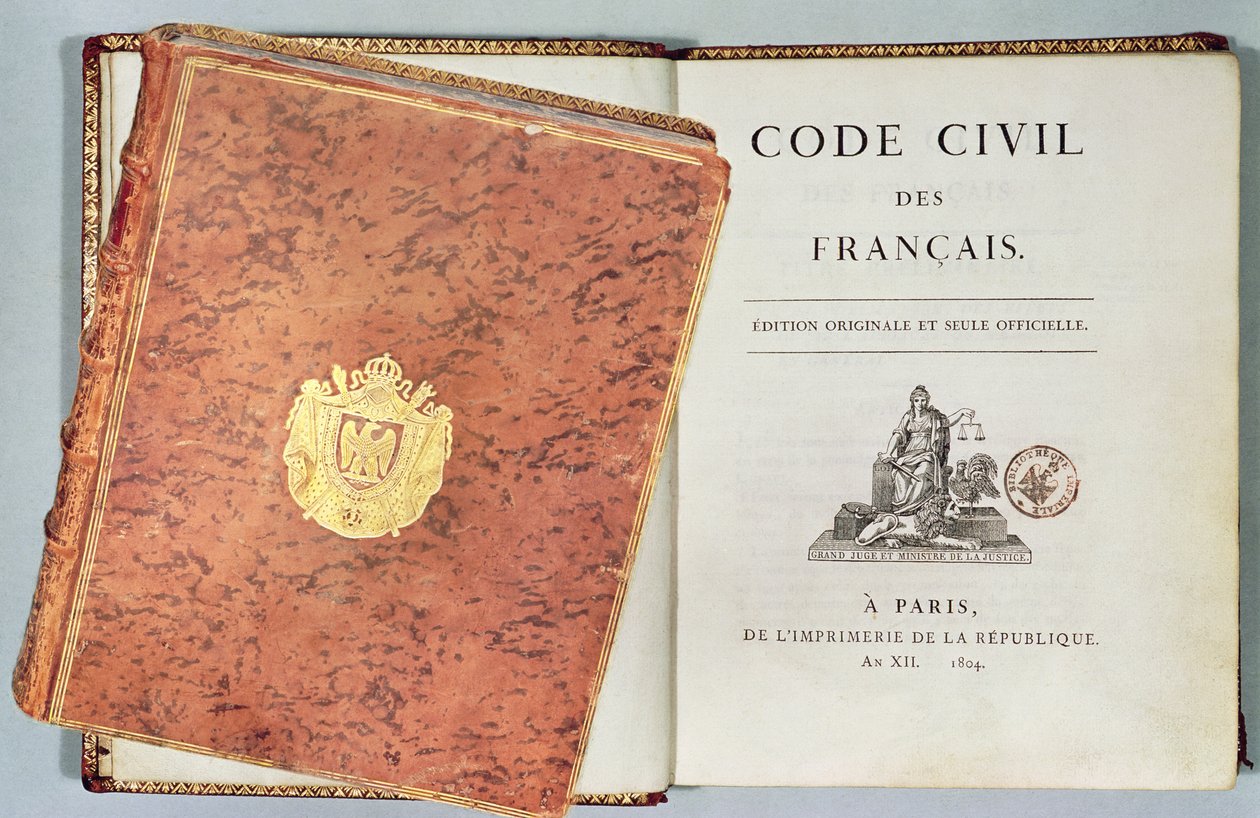 Ciltleme ve başlık sayfasını gösteren Le Code Civil des Francais, ilk baskı yayınevi. 1804 by French School