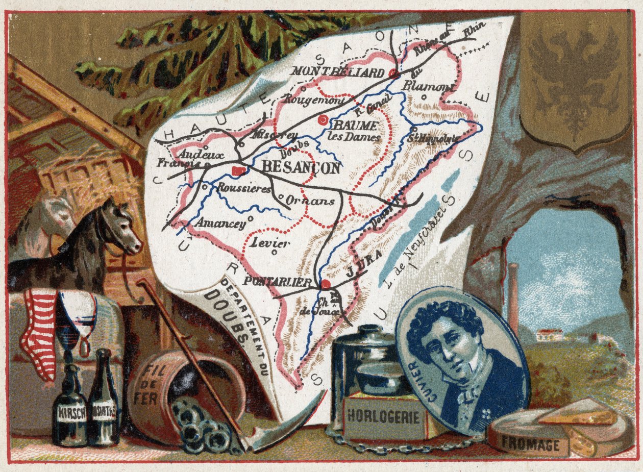 Le Doubs (25), Franche Comte (Franche-Comte), Fransa. Georges Cuvier (1764-1832), Fransız paleontolog portresi. Yerel uzmanlık: kirsch, pelin, saatçilik, tel ve tarım. Fransız Departmanları Üzerine Diziler. Kromolitografi (Chromo) “” by French School