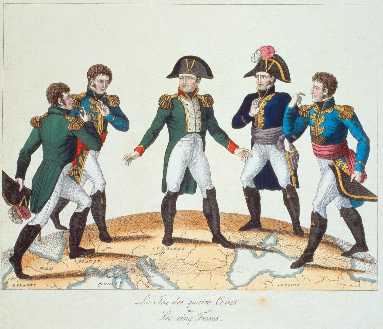 Le Jeu des Quatre Paraları veya Les Cinq Freres, Napolyon ve kardeşlerini tasvir eden Bonapartist karikatür, 1808 by French School