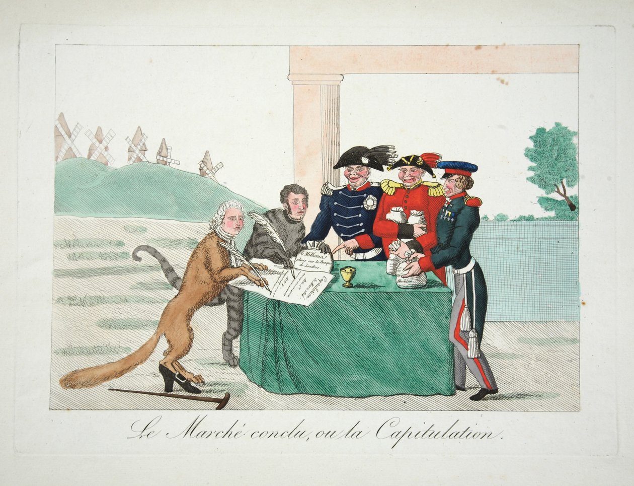 Le Marche ya da Kapitülasyon, pub sonuçlandırdı. 1814 (el renkli gravür) by French School