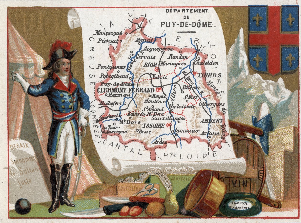 Le Puy Du Dome (Puy-Du-Dome, 63), Auvergne, Fransa. Louis Charles Antoine Desaix (1768-1800), çatal bıçak takımı, şarap, kayısı kompostosu portresi. Fransız Departmanları Üzerine Diziler. Kromolitografi (Chromo) 1920 dolaylarında “coğrafi konu””. Özel kole by French School