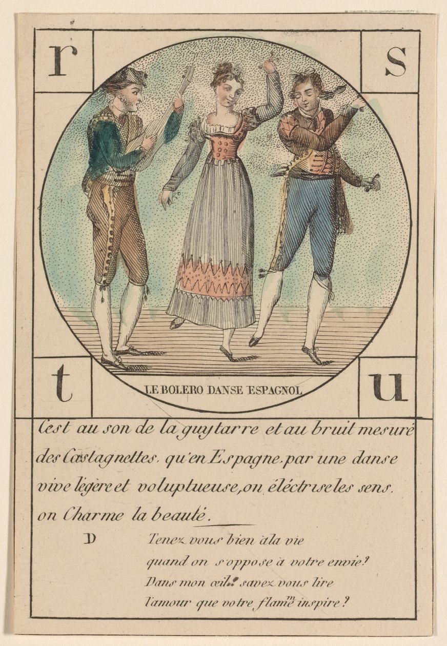 Bir dizi alfabe kartından "Bolero, İspanyol Dansı", c.1810-19 by French School