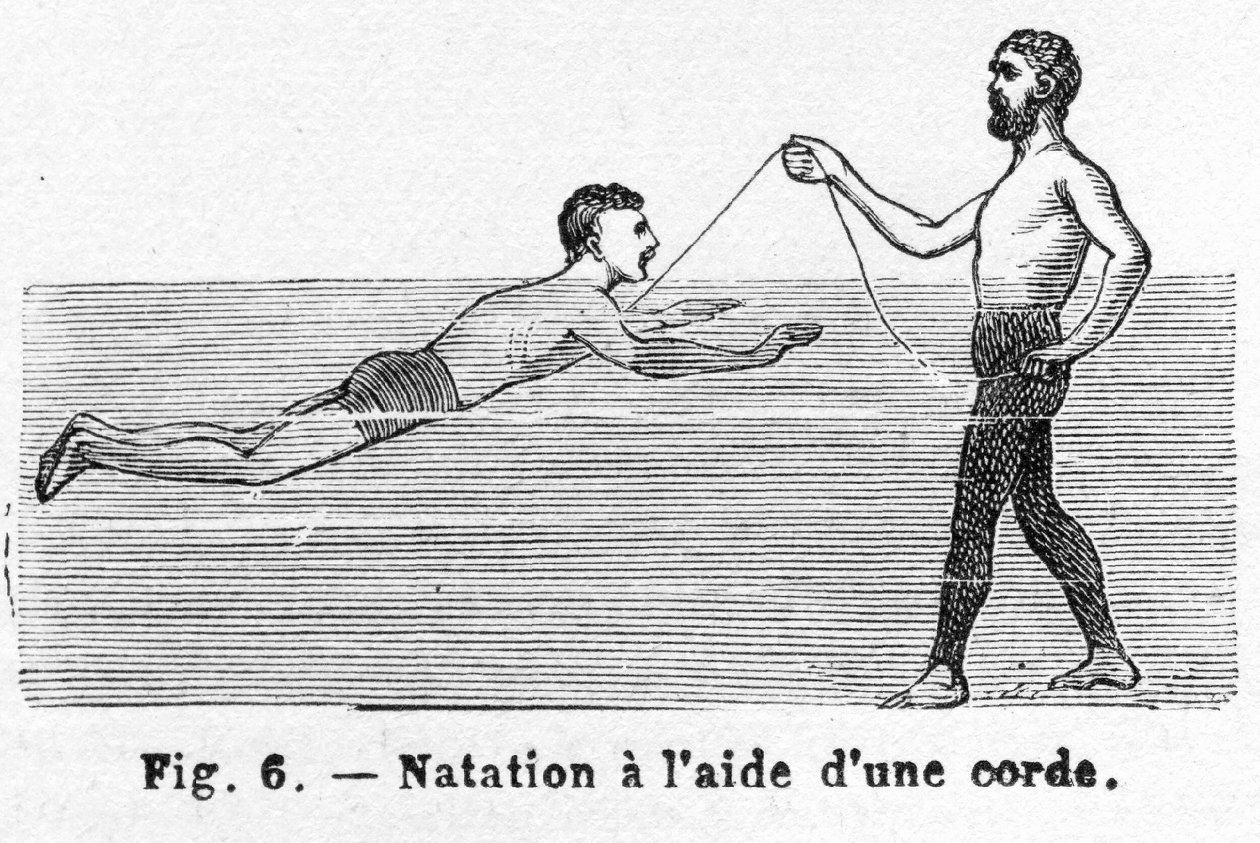 Kordon kullanarak Yüzmeyi Öğrenmek, pub. 1885 gravürü, 1885. by French School
