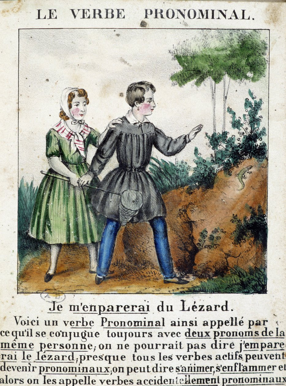 Pronominal fiiller dersi. 1850 dolaylarında “La grammaire en images”, broşür albümünde. by French School