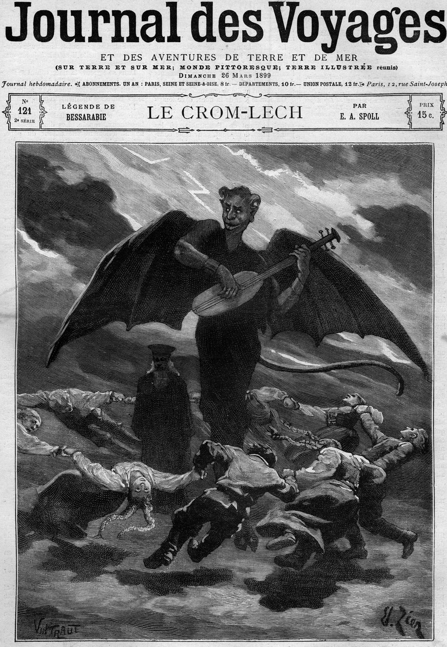 Besarabya Efsanesi (Doğu Avrupa): Crom Lech (Crom-Lech). Balalayka oynayan Şeytan, dansçıları sonsuz bir rauntta eğitir. 26 Mart 1899 tarihli Journal des Voyages dergisindeki gravür. by French School
