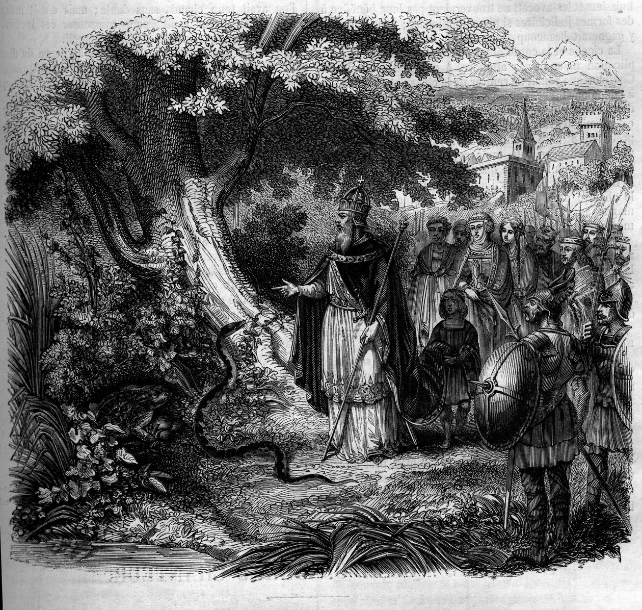 Charlemagne ve yılan efsanesi: Bir kurbağa tarafından işgal edilen yılanın yuvasının önündeki imparator. 1852