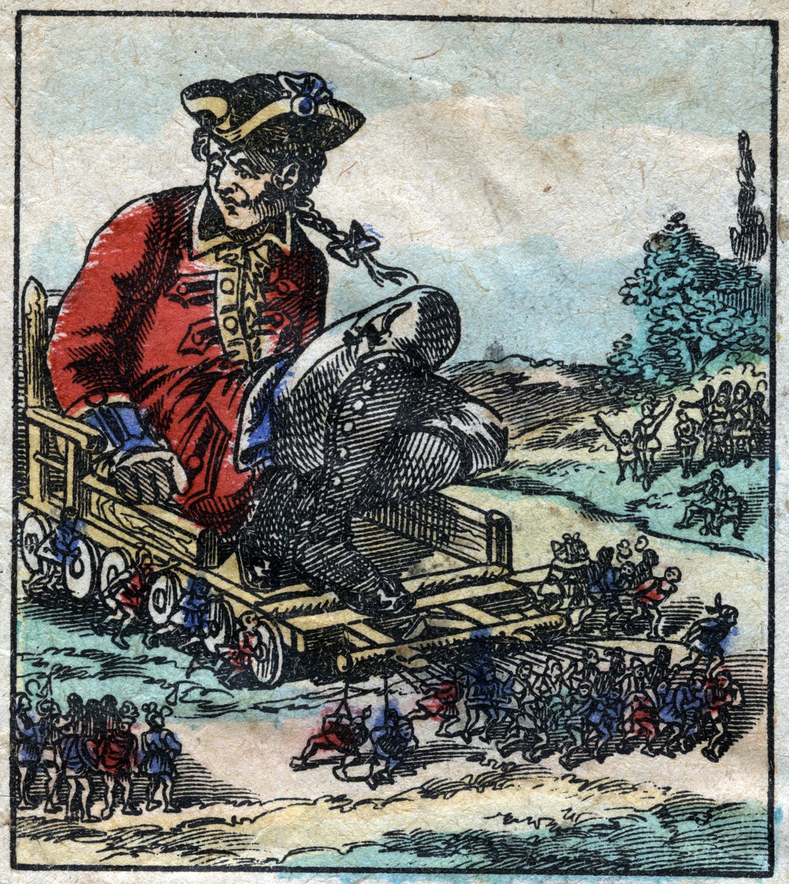 Bir mahkum olan Lemuel Gulliver, Lilliputians tarafından çekilen bir arabaya taşınır. Jonathan Swift (1667-1745) tarafından “” Gulliver