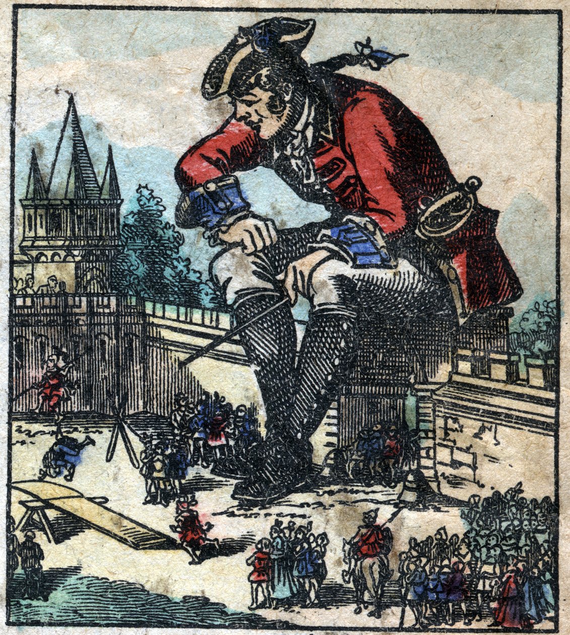 Şehrin sur duvarında oturan Lemuel Gulliver, stratejiyi Lilliput ordusuna açıklıyor. Jonathan Swift (1667-1745) tarafından “” Gulliver