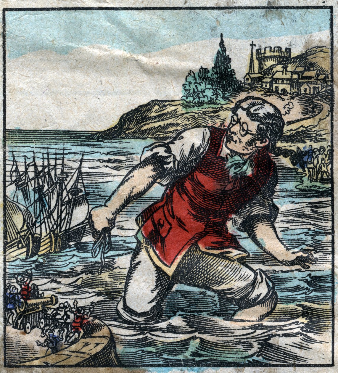 Lemuel Gullliver, Blefuscu ordusundan gelen gemileri başkent Lilliput limanına ateşledi. Jonathan Swift (1667-1745) tarafından “” Gulliver