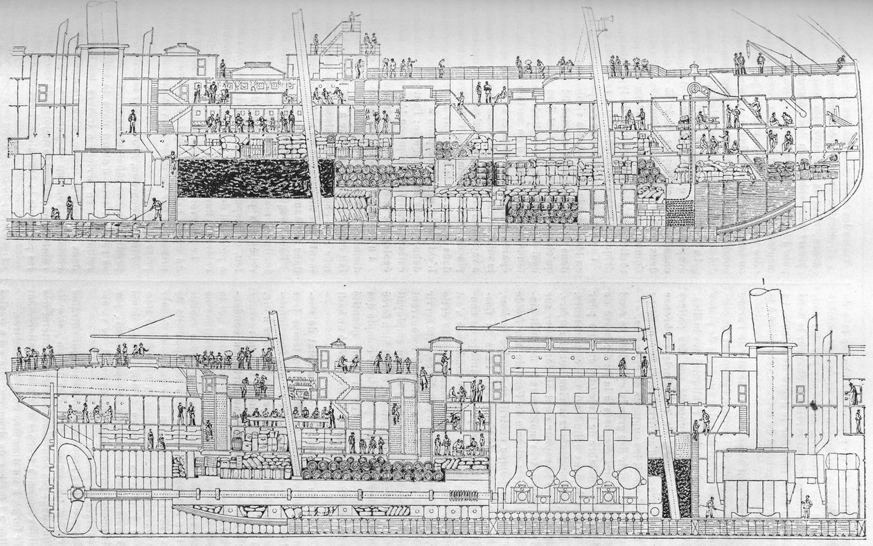 1886 ve 1915 yılları arasında hizmette olan “” La Gascogne” gemisinin uzunluk kesimi. Meşhur “” La jeunesse” dergisinde gravür by French School