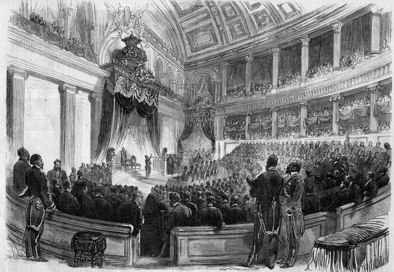 Belçika Kralı II. Leopold (1835-1909), 1865'te devletin büyük organları önünde yemin etti. by French School