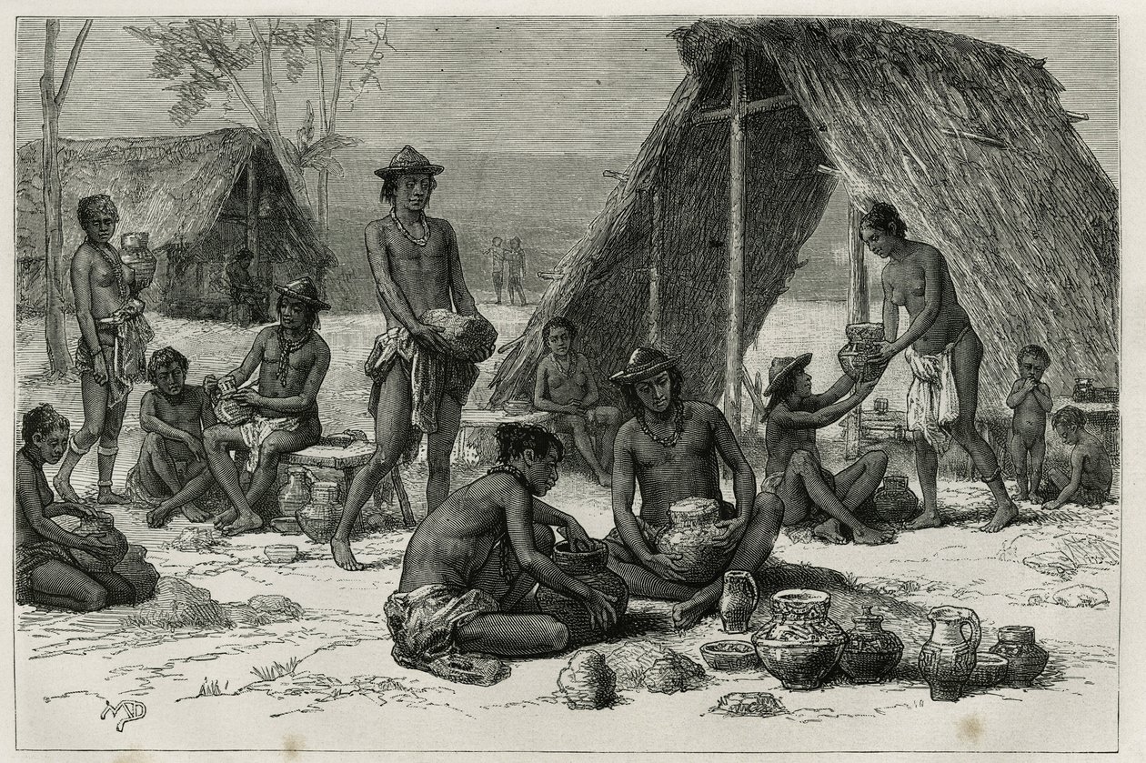 Les Indiens Galibis (veya Kalinas) çanak çömlek yapıyor, D.Maillart tarafından gravür, Guiana