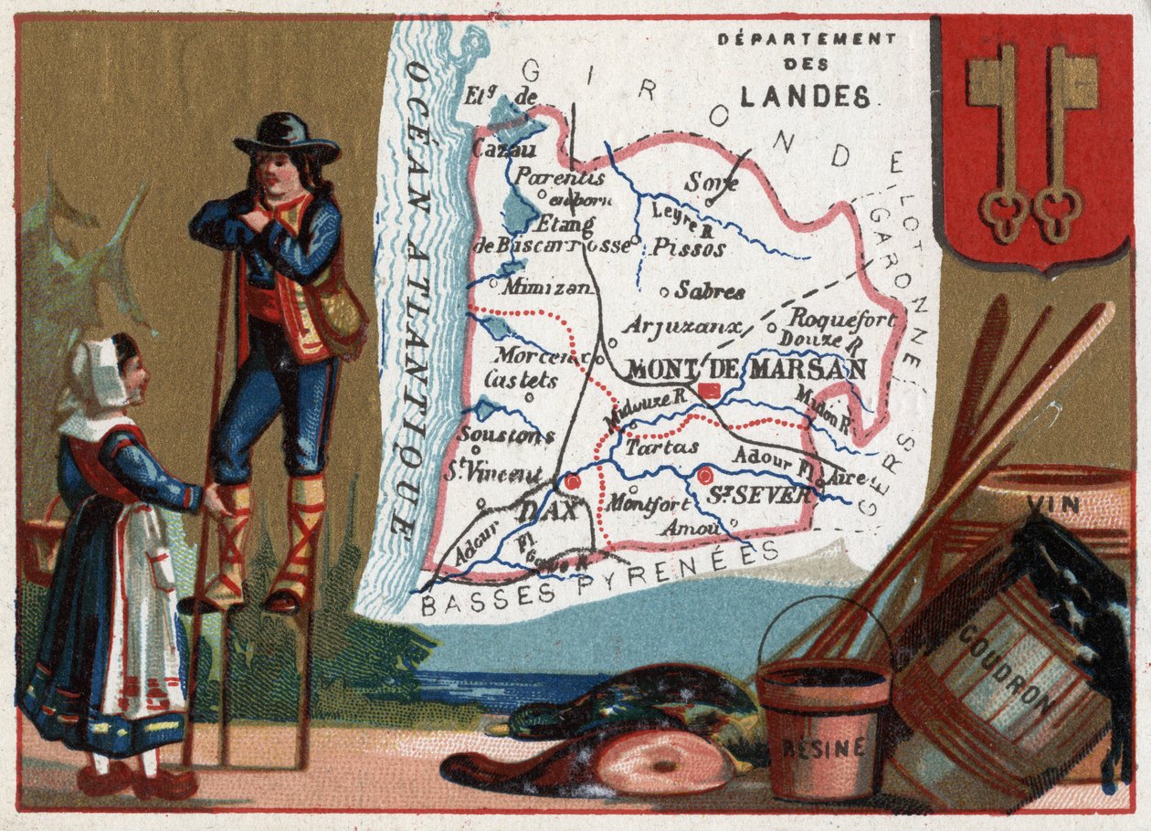 Les Landes (40), Aquitaine, Fransa. Fransız Departmanları Üzerine Diziler. Yerel uzmanlık: katran ve şarap reçinesi. Toprakların Çobanı. Kromolitografi (Chromo) 1920 dolaylarında “coğrafi konu””. Özel koleksiyon. by French School