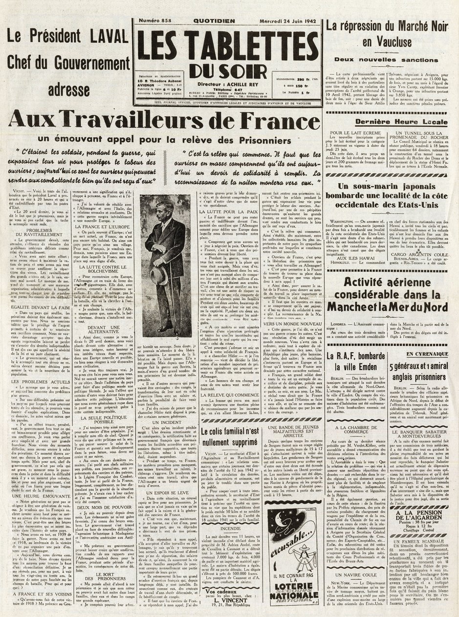Les Tablets du soir du 24/06/1942 - LAVAL HÜKÜMET BAŞKANI FRANSA İŞÇİLERİNE DUA EDECEK A PİYASASI NOİRİNİN VAUCLUSE
