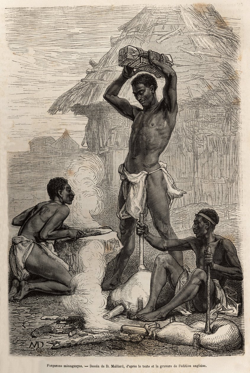 Les blacksmiths mannganyas, Loualaba Nehri (bugünkü Kongo Nehri) boyunca bir köyde, D.Maillard