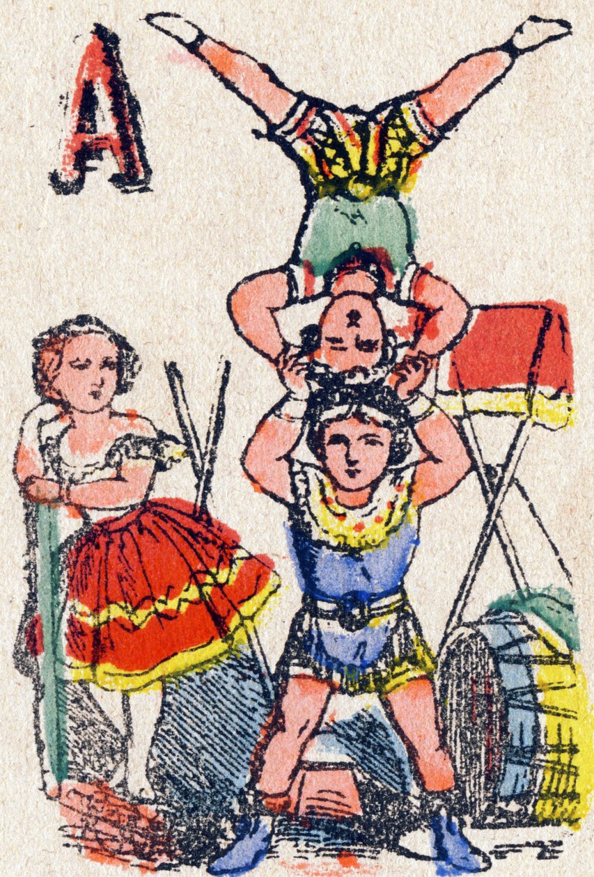 A harfi Akrobatlar. "Alphabet des jeux" deki gravür”. Bay Vagne, editör, Pont-a-Mousson, 19. yüzyılın sonları. Pembe dizi. 12 sayfa. Basitleştirilmiş bir okuma yöntemi ve resimli bir abecedary içeren albüm. Karartma: 16,5x11cm by French School