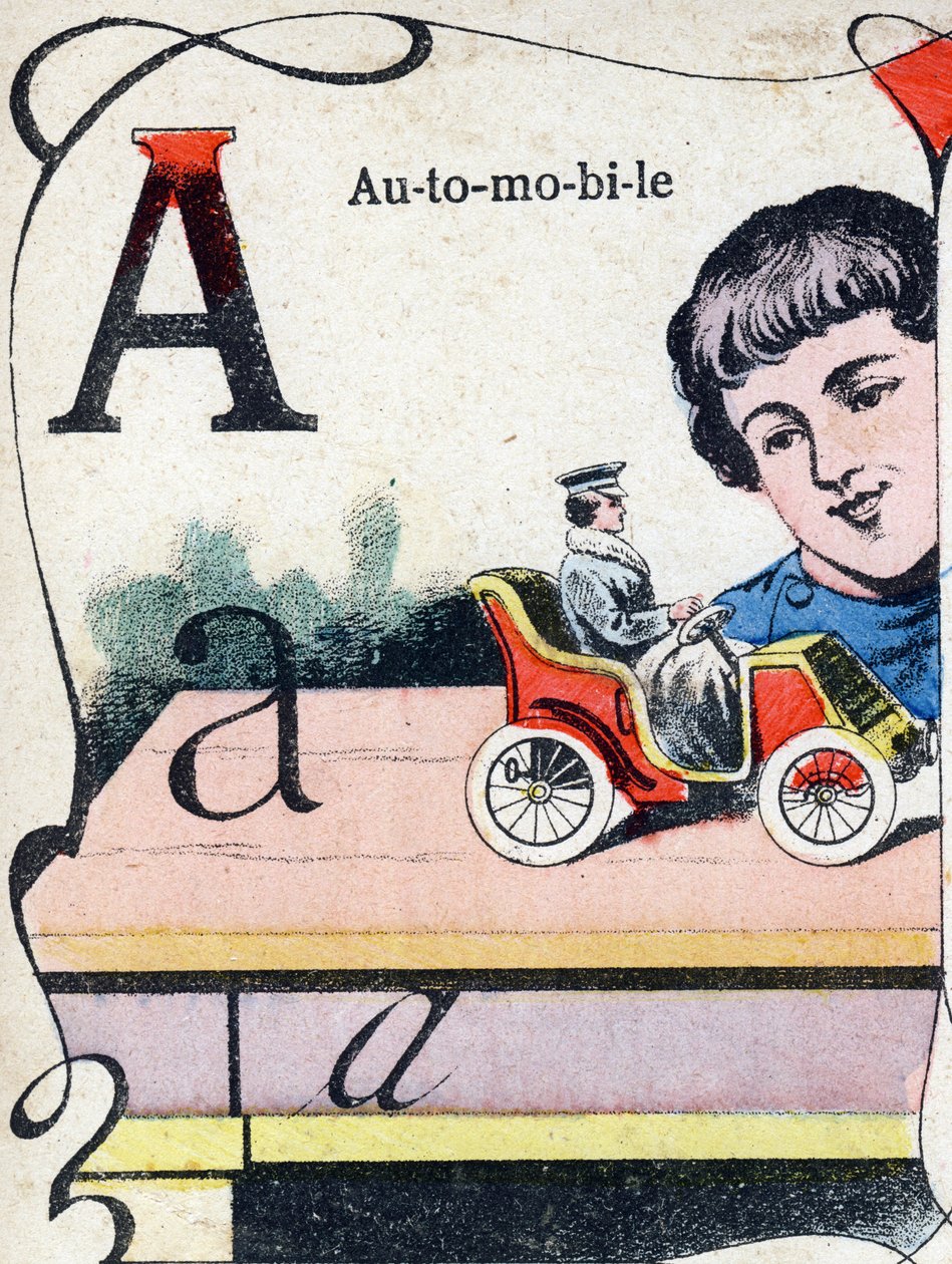 A harfi otomobil. "ABC des joux pour petits boys" daki gravür. Pont-a-Mousson