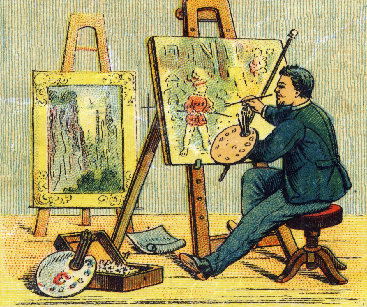 A harfi: ressam stüdyosunda. "Vernikli tuval üzerine silinemez ABC" gravürü. A. Capendu, editör, Paris, 19. yüzyıl sonu. Resimli çocuk kitapçısı. 8 sayfa. Karartma: 21,5x18cm . by French School