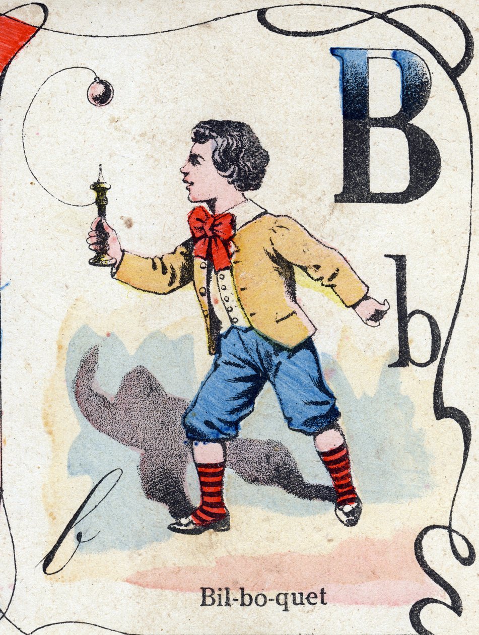 B Harfi Bilboquet. "ABC des joux pour petits boys" daki gravür. Pont-a-Mousson