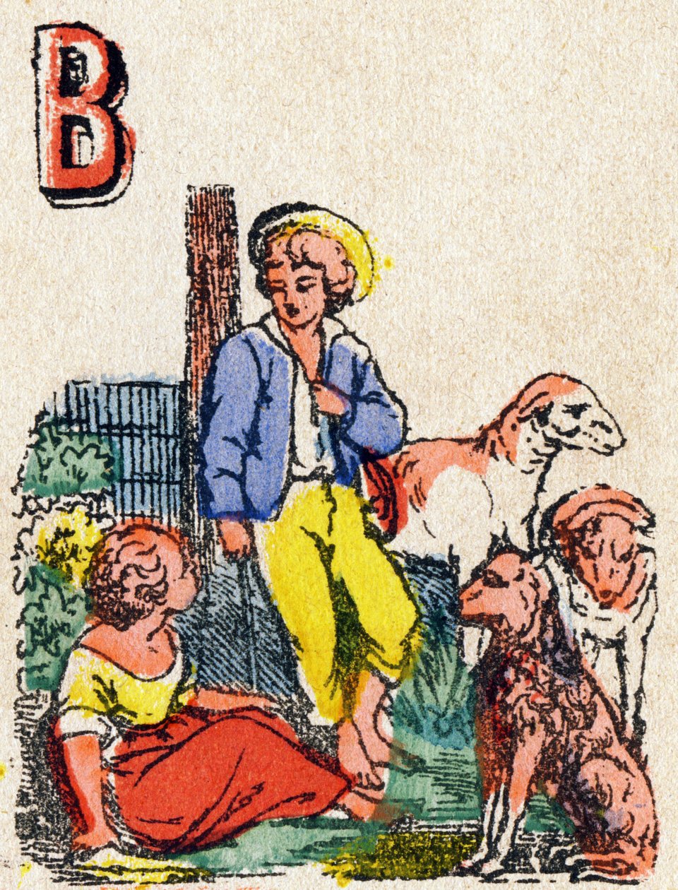 B harfi çobanlar. "Alphabet des jeux" deki gravür”. Bay Vagne, editör, Pont-a-Mousson, 19. yüzyılın sonları. Pembe dizi. 12 sayfa. Basitleştirilmiş bir okuma yöntemi ve resimli bir abecedary içeren albüm. Karartma: 16,5x11cm by French School