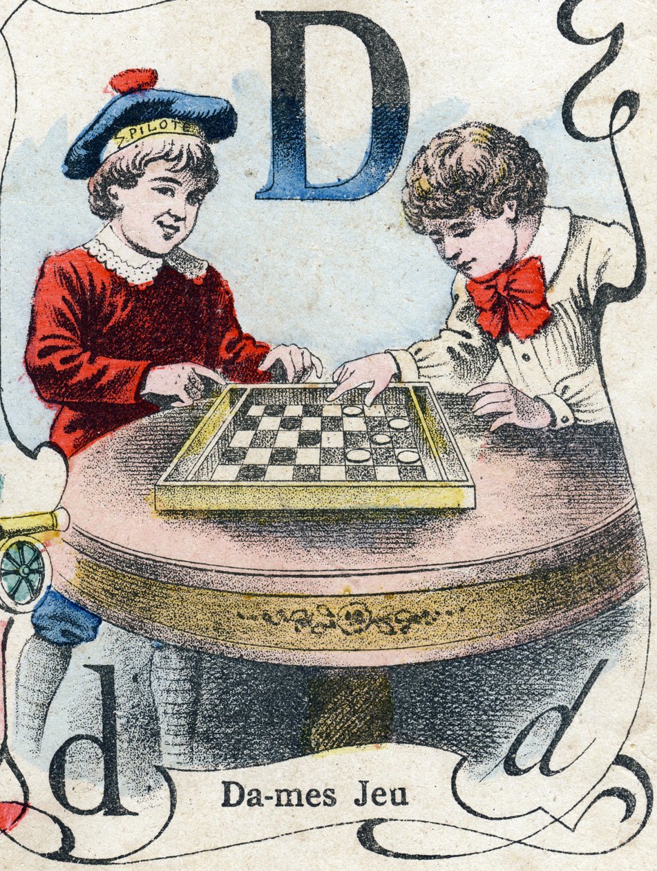 D harfi: Dama oyunu. "ABC des joux pour petits boys" daki gravür. Pont-a-Mousson, Louis Vagne, matbaacı-yayıncı, 19. yüzyılın sonları. Karartma: 32,5x25 cm by French School