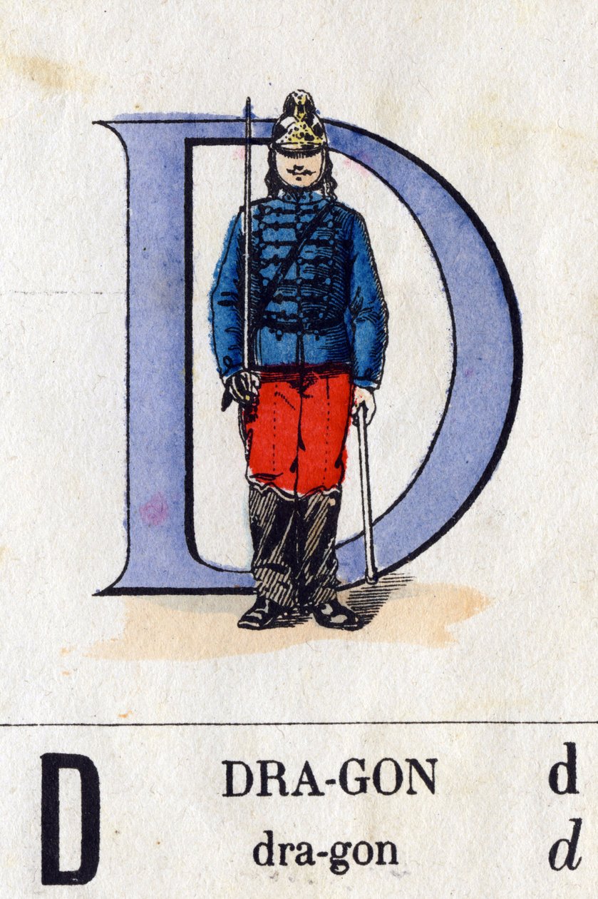 D harfi ejderha olarak. Askeri alfabe (ABC veya abecedary). Epinal'in Görüntülenmesi, 1870-1880 dolaylarında). Şablon renkli gravürler. Özel koleksiyon by French School