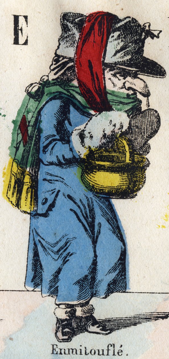 E Harfi: Wrap (Kürk ve kumaşları sıcak tutmak için sarın). “” Çizgi Roman Alfabesi”nde gravür. Yeni Epinal görüntüleme. Litografi Pinot et Sagaire, editörler, 1860 ve 1888 arası. Levha n°491 25 ışıklı harfle. Karartma: 40,5x28cm. Özel koleksiyon by French School