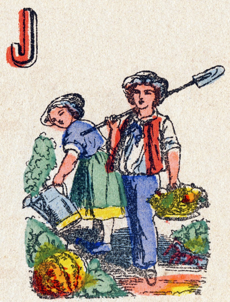 J harfi bahçıvanlar. "Alphabet des jeux" deki gravür”. Bay Vagne, editör, Pont-a-Mousson, 19. yüzyılın sonları. Pembe dizi. 12 sayfa. Basitleştirilmiş bir okuma yöntemi ve resimli bir abecedary içeren albüm. Karartma: 16,5x11cm by French School