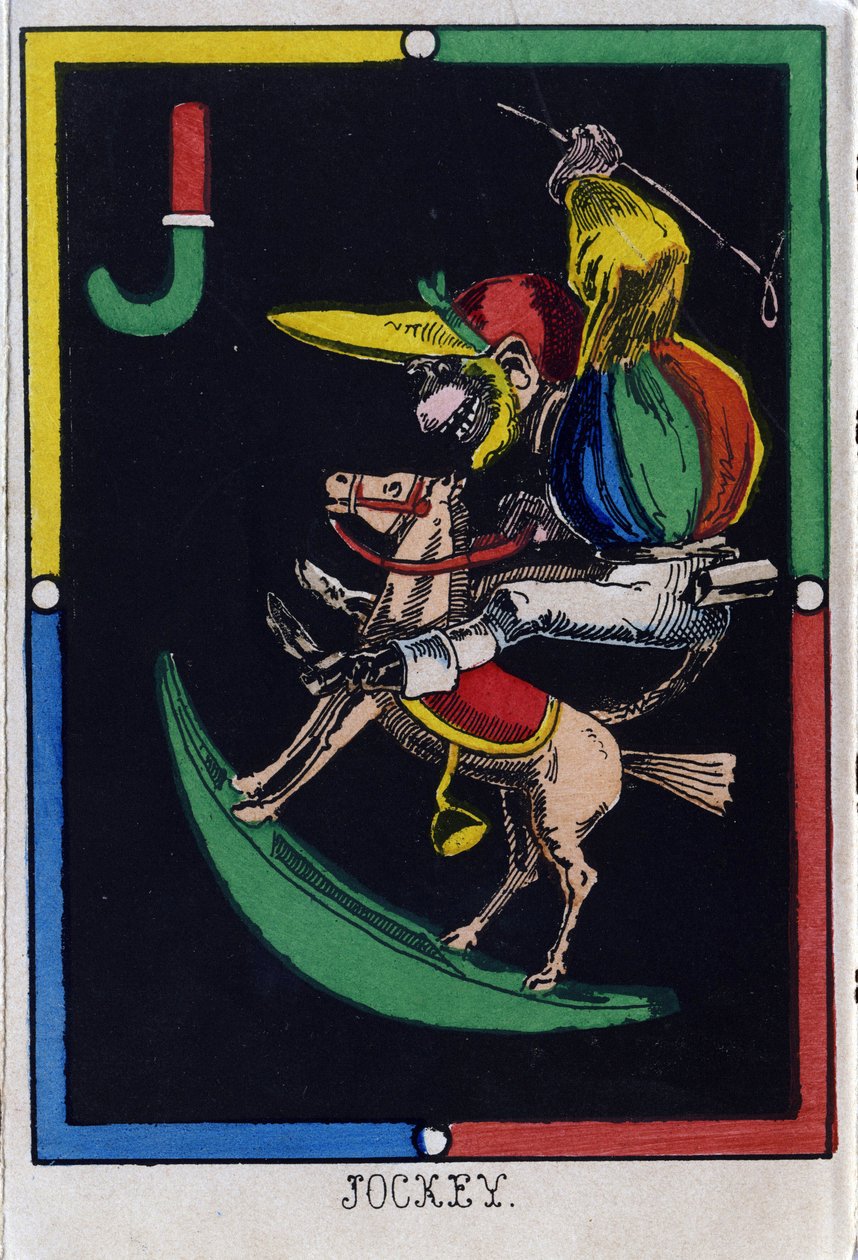 Jokey olarak J harfi (sallanan bir at üzerinde maymun). Maymun alfabesi. Ahşap oyma. Epinal Görüntüleme by French School