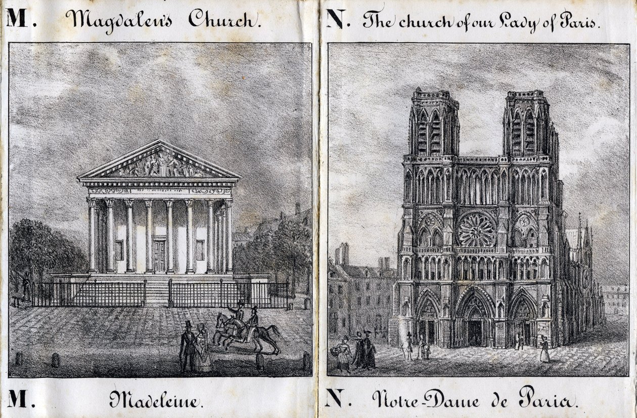 M harfi Madeleine ve N Notre-Dame de Paris (Notre Dame de Paris) - "Alphabet Picturesque des Monumens de Paris" c.1840 (gravür) by French School