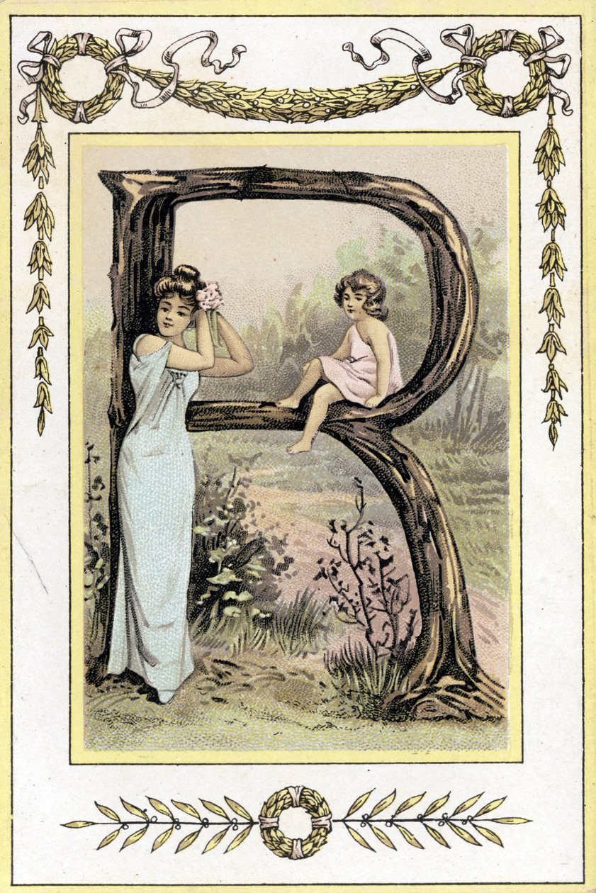19. yüzyılın sonlarında bir anne ve kızı temsil eden R harfi (kromolitograf) by French School