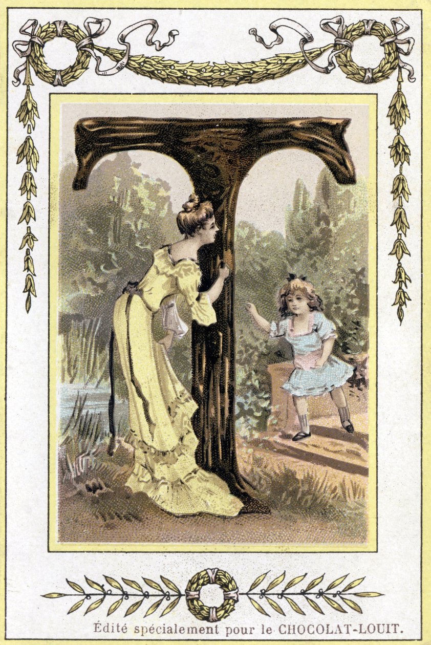 19. yüzyılın sonlarında saklambaç oynayan bir anne ve kızını temsil eden T harfi (kromolitograf) by French School