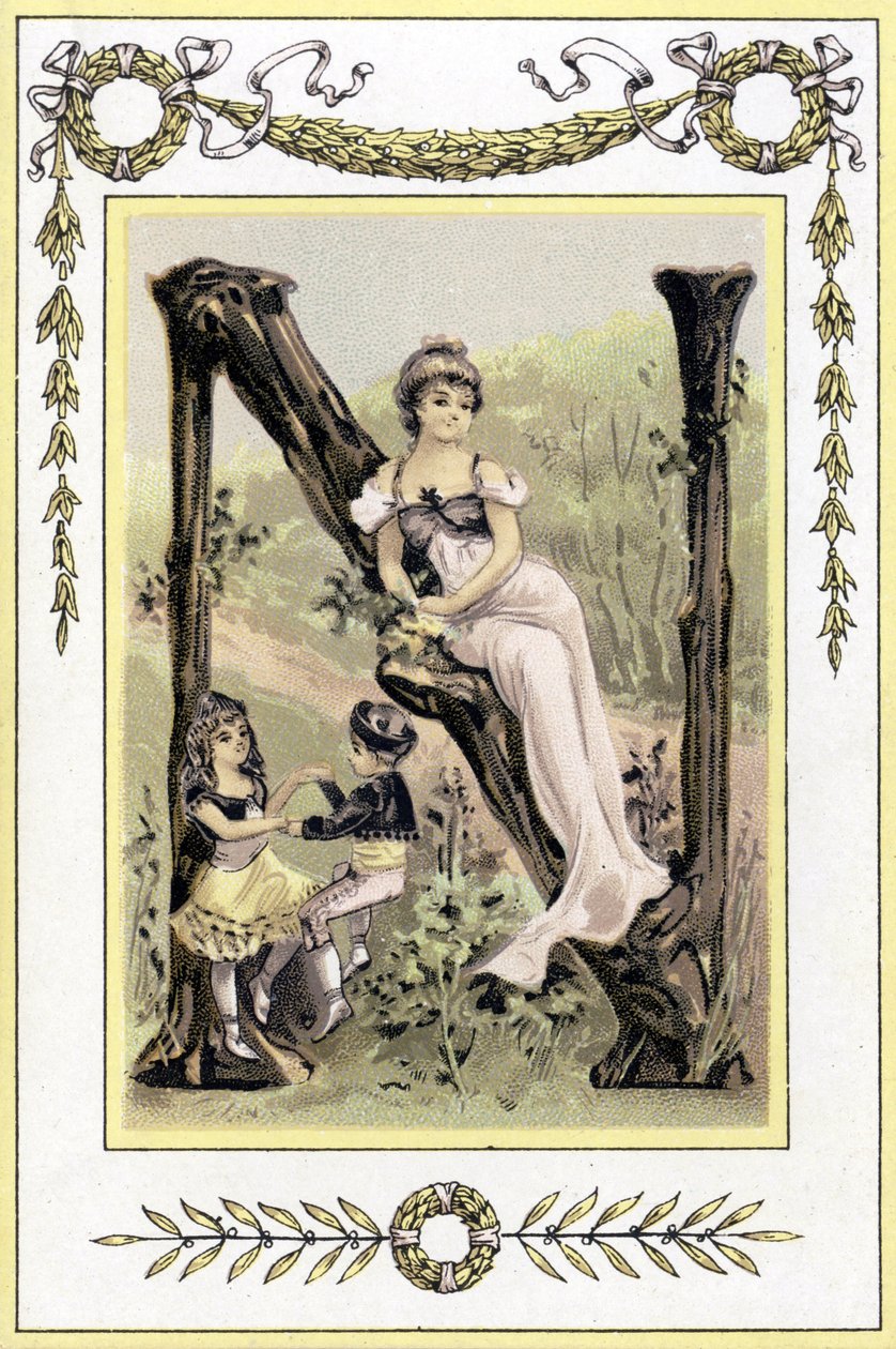 19. yüzyılın sonlarında dans eden bir anne ve çocuklarını temsil eden mektup (kromolitografi) by French School