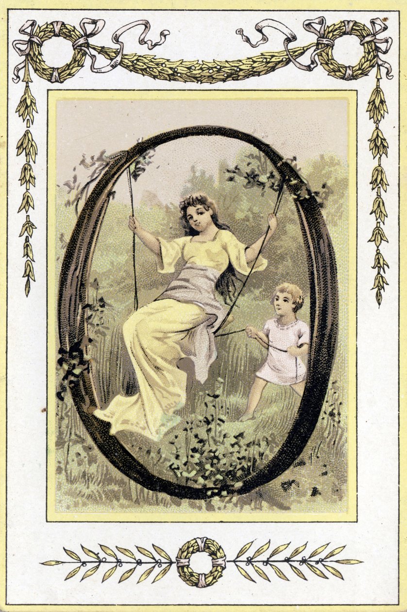 19. yüzyılın sonlarında sallanan bir anne ve oğlunu temsil eden mektup (kromolitograf) by French School