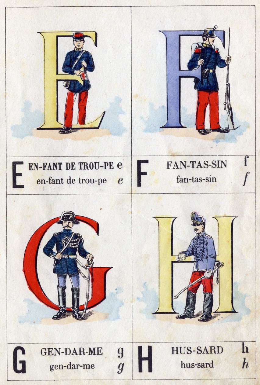 Birlik çocuğu olarak E, piyade olarak F, uşak olarak G ve süvari olarak H harfleri. ABC askeri. Epinal Görüntüleme by French School