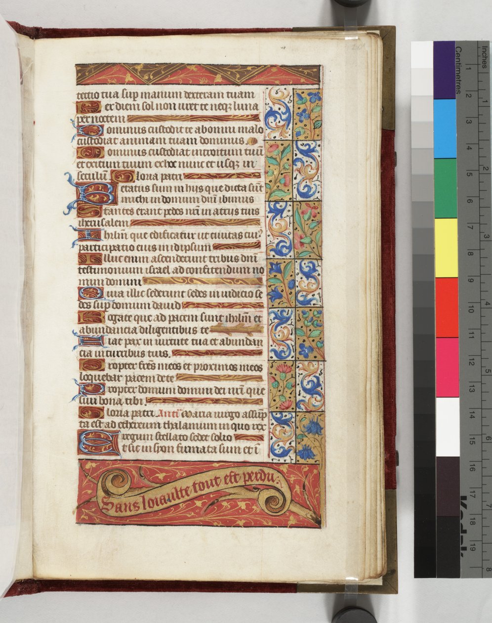 Lewis E 113 f.20r Sadakat Olmadan Her Şey Kaybolur sloganıyla dekore edilmiş metin sayfası, 1500-15 by French School