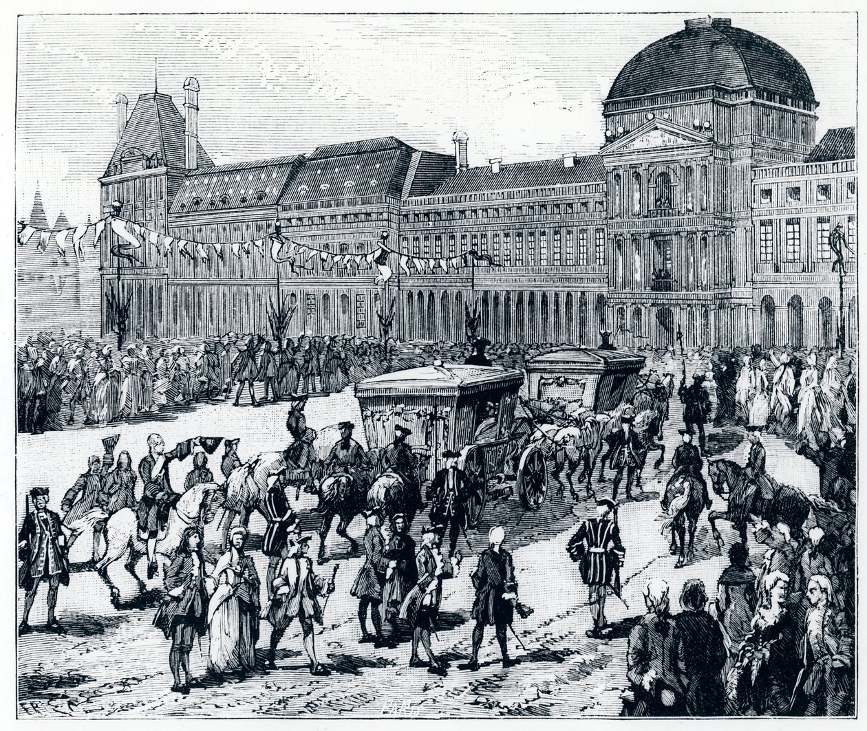 Louis XV altında yaşam: kral, kraliçenin ve yunusun kendisini beklediği Palais des Tuileries'e varıyor - Gerouillac tarafından “Yüzyıllar boyunca Paris'te” by French School