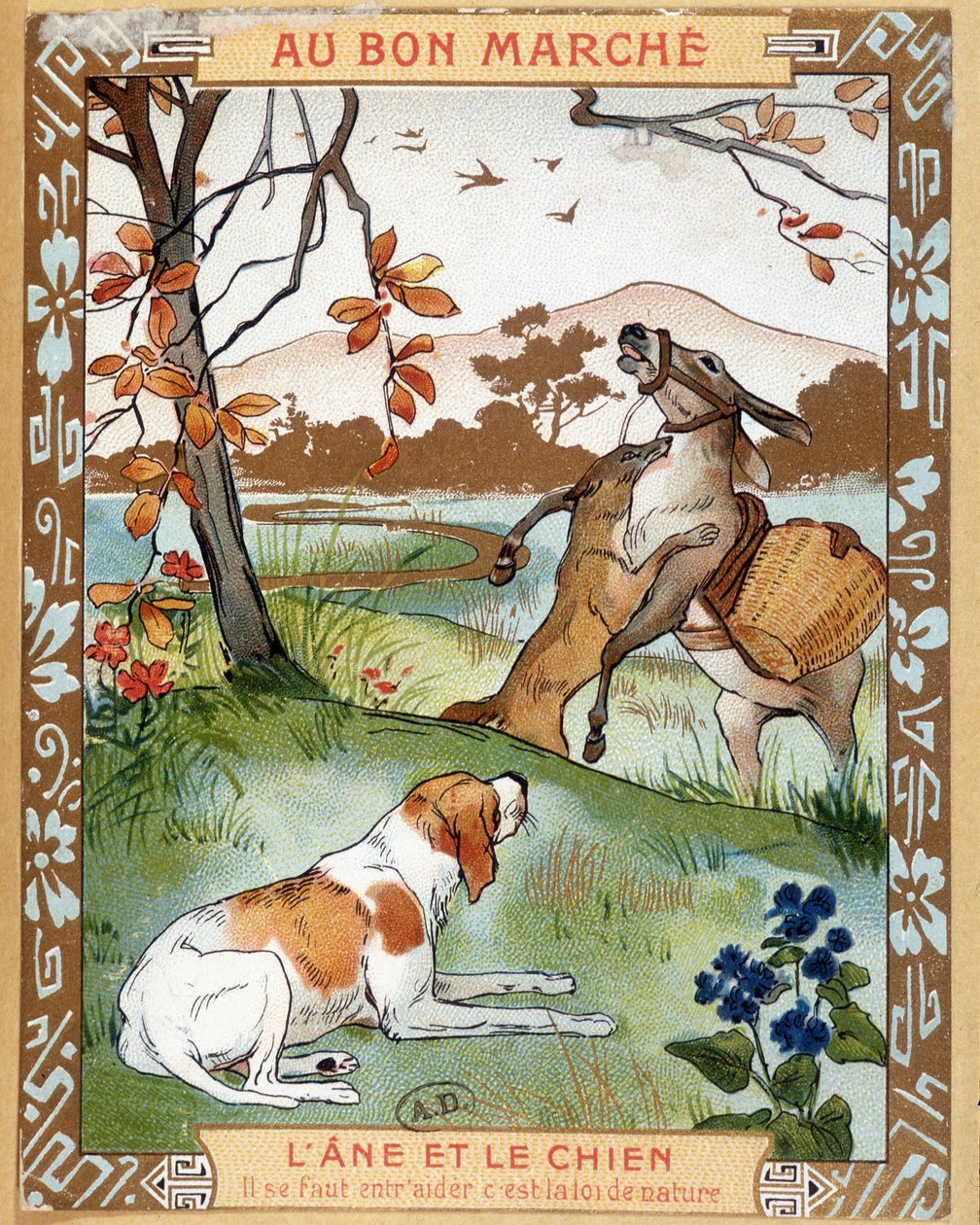 Eşek ve köpek, La Fontaine tarafından masal - Bon Marché reklam etiketi by French School