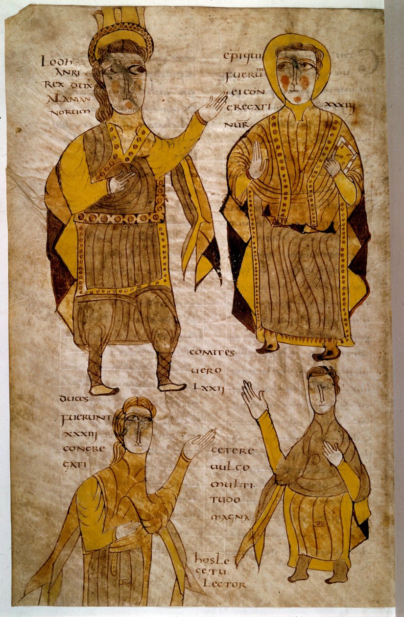 Alamanların Kralı Lodhanri (veya Alemans: Germen kabilesi) bir eveque, bir dük ve bir kontu çevreler. Elyazması “”Alaric ve diğer yasal metinlerin kısa özeti” (folio 197v), Fransa, Vallee de la Loire (?), 803-814. Paris, Hollanda by French School
