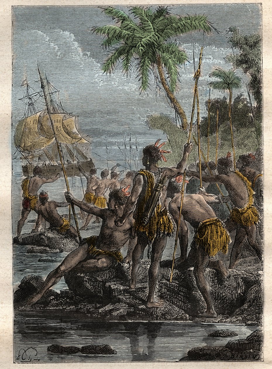 Bougainville Kontu Louis Antoine (1729-1811) 1768'de Ile des Lancies'e (Fransız Polinezyası) geldi - “The Grands Mariners of the 18.yy”dan alınan resim by French School