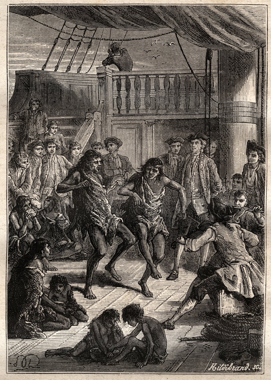 Bougainville Kontu Louis Antoine (1729-1811), Bay Fortescue (Macellan Detroit) sakinlerini 1768'de “La Boudeuse”” teknesinde kabul etti - “18. Yüzyılın Büyük Denizcileri”nden bir çizim by French School