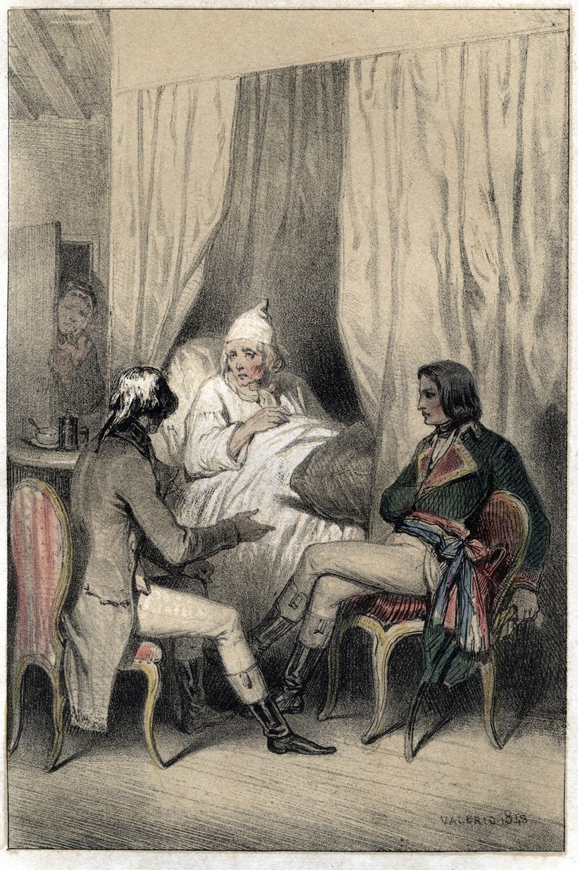Louis Antoine Fauvelet de Bourienne (1769-1834), Fransız diplomat ve yönetici ve General Napoleon Bonaparte (1769-1821), İtalyan kampanyası için hasta bir yaşlı kapitalistten para istedi. “” Scenes de la vie des hommes ünlü””” gravüründen alınan plaka by French School