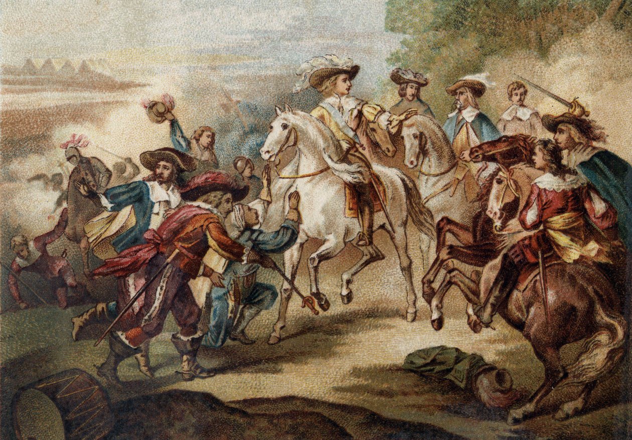 Bourbon Kralı II. Louis, Conde Prensi (Bourbon-Conde) (Grand Conde) (1621-1686) ile “”Rocroy”” (Rocroi). Renkli taşbasması. by French School