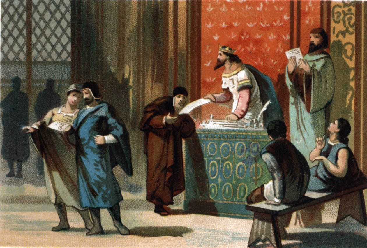Louis VI dit Le Gros (1081-1137), komünlerin posta pullarını verdi. 1890 civarında kromolitografi. by French School