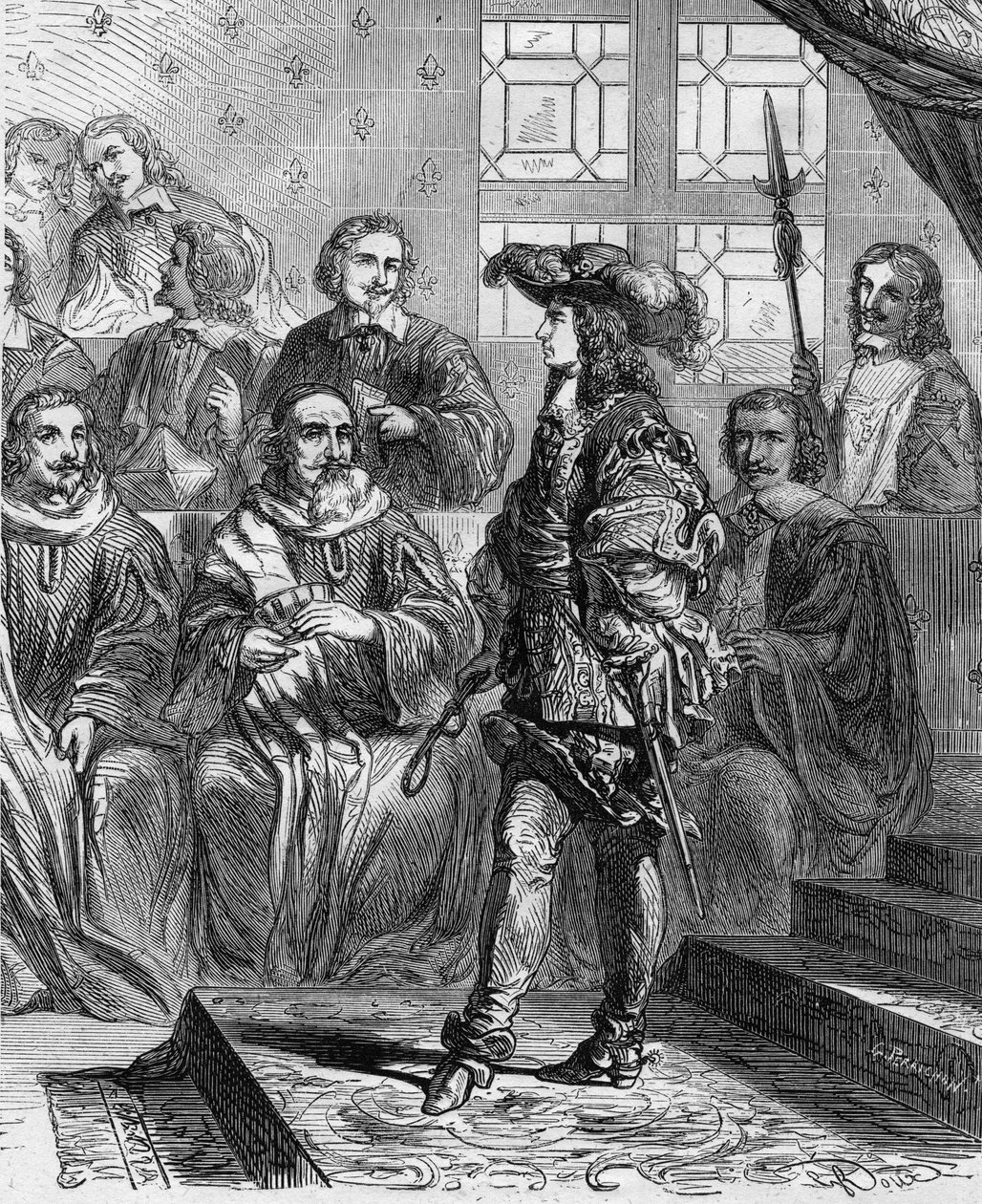 Louis XIV (1638 - 1715) 1652'de parlamento huzurunda 17 yaşındaydı ve cumhurbaşkanını meclisi feshetmeye zorladı. Paul Lehugeur'un "" Histoire De France En Cent Resimlerinde Gravür "" 1891. by French School