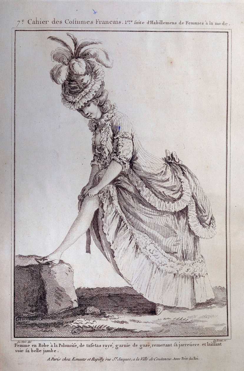 Louis XVI modası: çizgili tafta içinde Polonyalı bir elbise içinde genç bir kadının ayak portresi. 1778