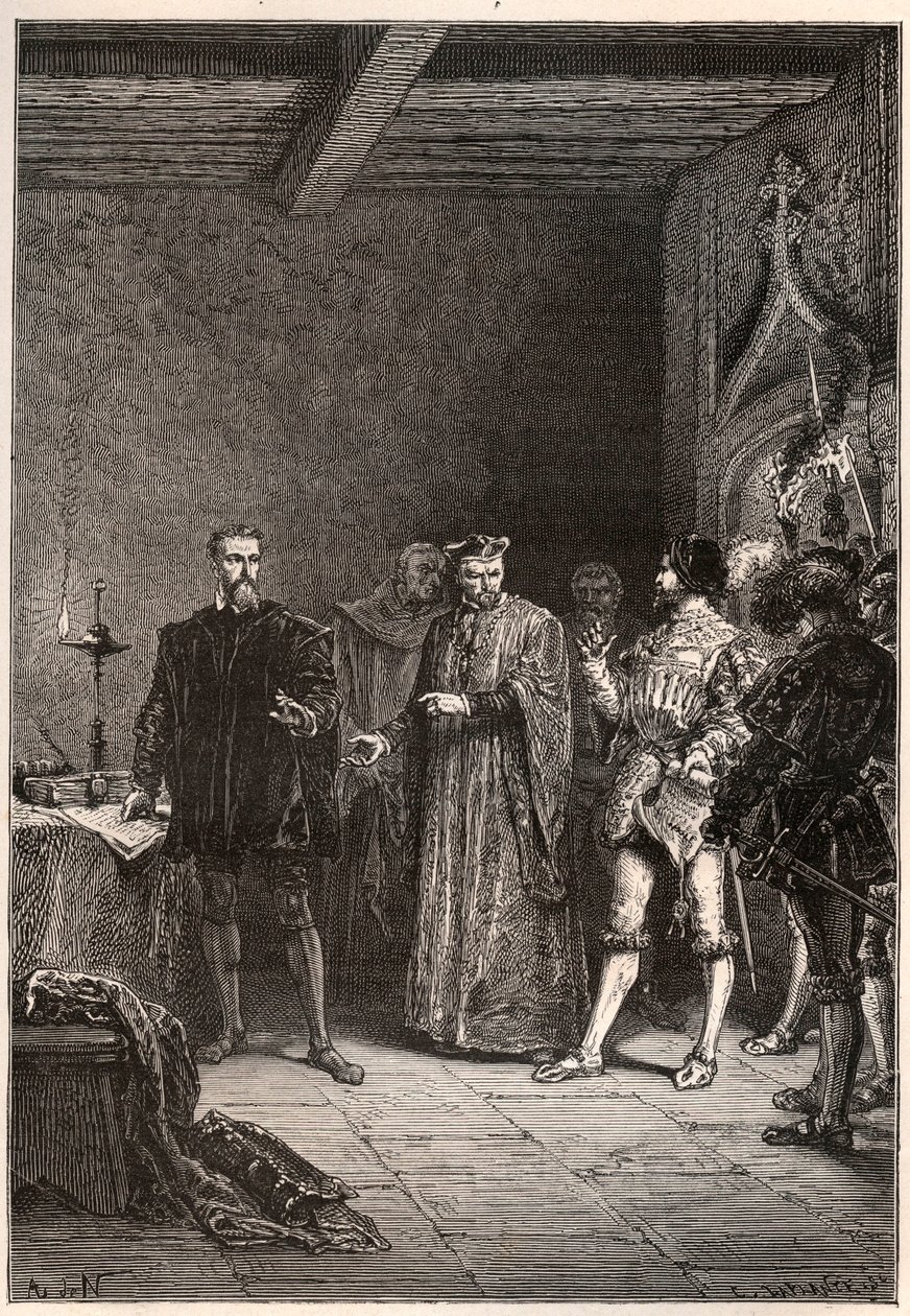 Louis de Berquin (1485-1529), şövalye ve hümanist, dini reformcu, Jean de la Barre (1523-1533) tarafından kurtarıldı prevot de Paris - Louis de Berquin (solda) John de la Barre tarafından hapishaneden serbest bırakıldı - “”den gravür Fransa