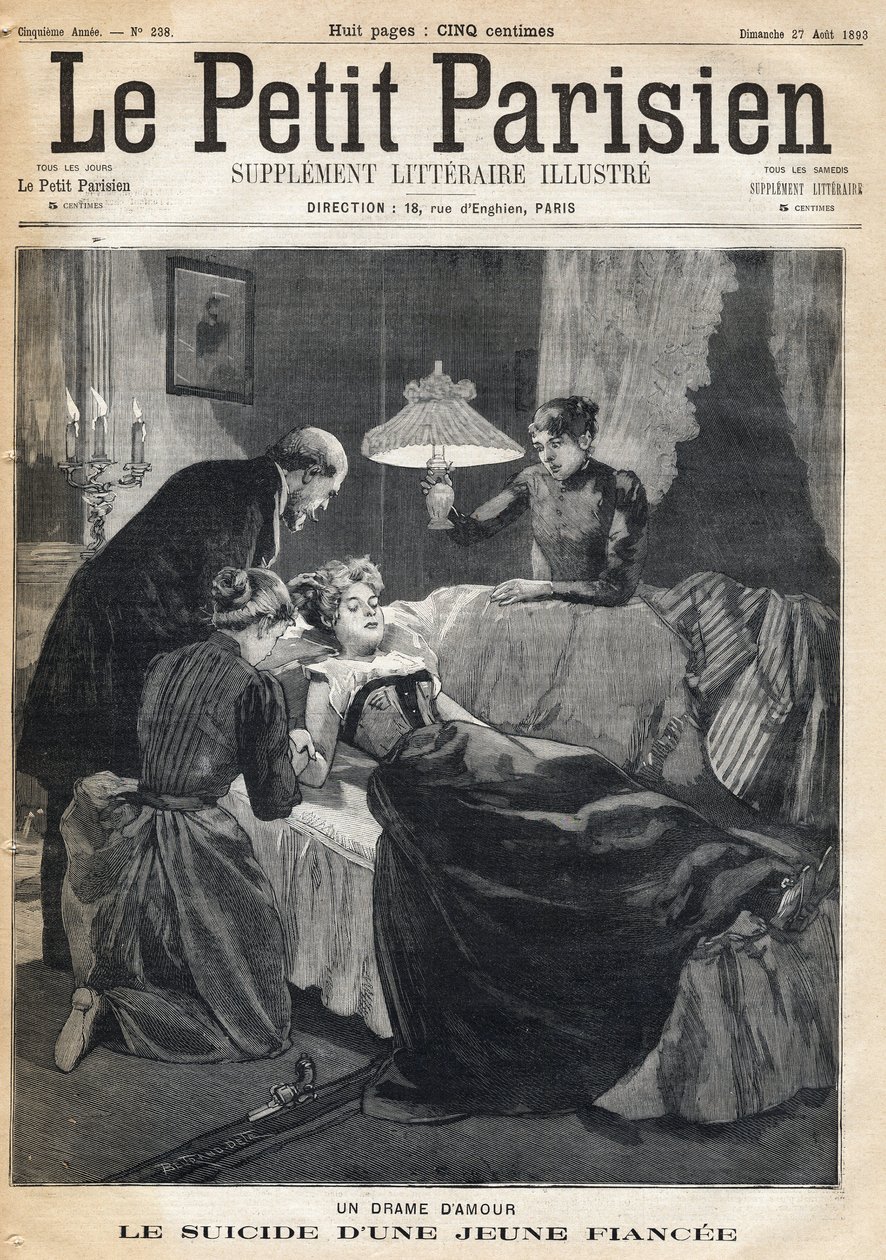 Aşk Dramı: 17 yaşındaki nişanlısının kocasının ölümünden sonra intihar etmesi. 27/08/1893 tarihli “Le petit Parisien” gazetelerinden biri (gravür) by French School