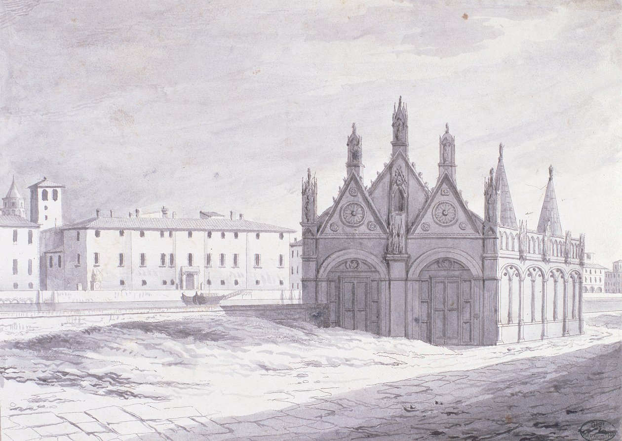 Lungarno, Santa Maria della Spina, Pisa (kağıt üzerine kalem ve mürekkep) by French School